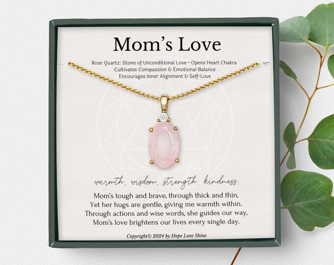 Rose Quartz Necklace for Mom Birthday Gift, Mother's Day Jewelry, Handmade Healing Crystal Pendant Gift for Her