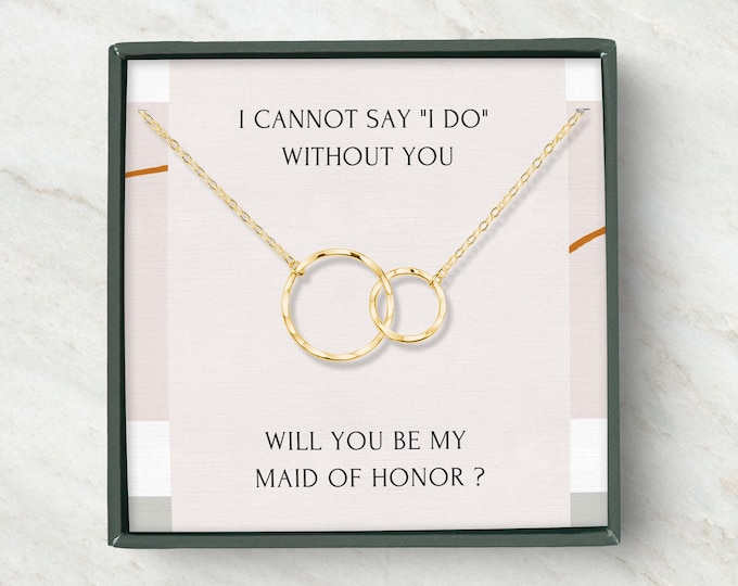Maid of Honor proposal gift box from bride, Dainty interlocking circles necklace for maid of honor, Wedding party jewelry gift for her
