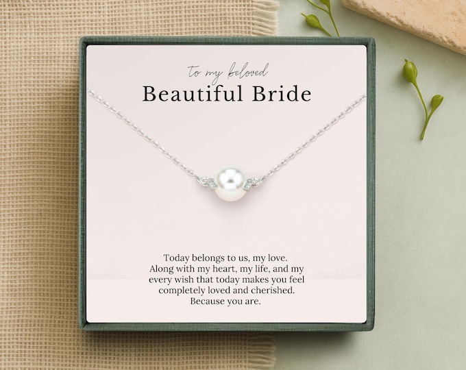 Wedding Day Pearl Necklace for Bride | Romantic Gift from Groom with Message Card | Wedding Keepsake Jewelry Present from Husband