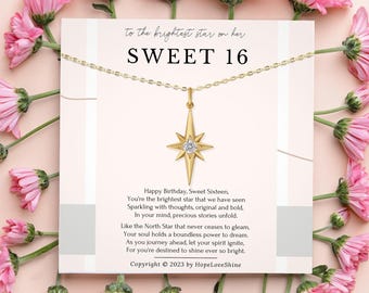 Peut inclure: Un collier doré avec un pendentif en forme d'étoile et une pierre précieuse centrale, présenté sur une carte avec l'inscription "SWEET 16". La carte est entourée de fleurs roses. Le texte sur la carte comprend un message d'anniversaire et des informations sur le droit d'auteur.