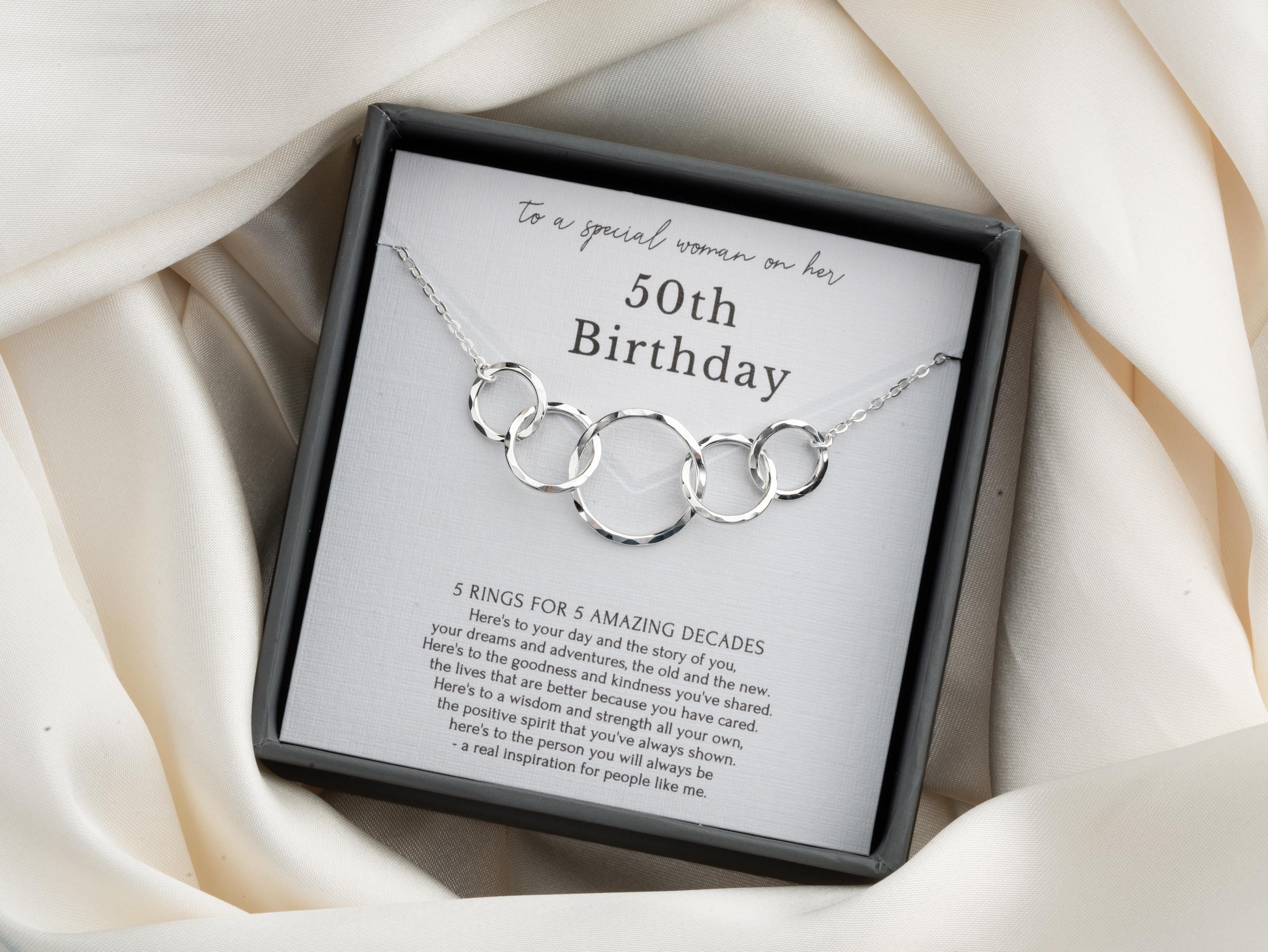 50e verjaardag ketting cadeau voor haar – 5 ringen 5 decennia ketting sterlingzilver en goud voor 50 jaar oud, vriend wordt 50 cadeau voor vrouwen