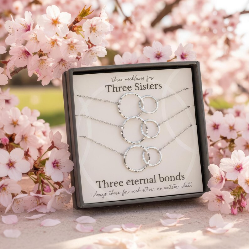 3 Sisters Necklace Set, 3 Textured Rings (Big, Middle & Little Sister) Sterling Silver Gold Sterling Silver