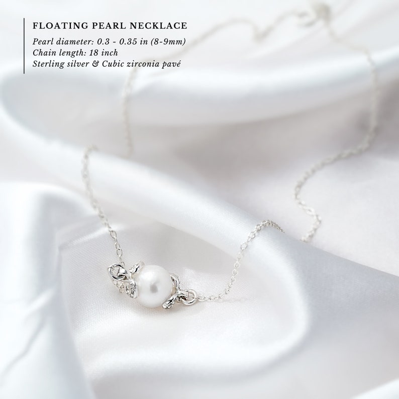 This stunning sterling silver necklace features a single, delicate pearl that appears to float effortlessly on the 18 inch chain. With an adjustable clasp at 16 inches, it ensures a comfortable fit for any woman. It is a perfect Mothers Day gift.