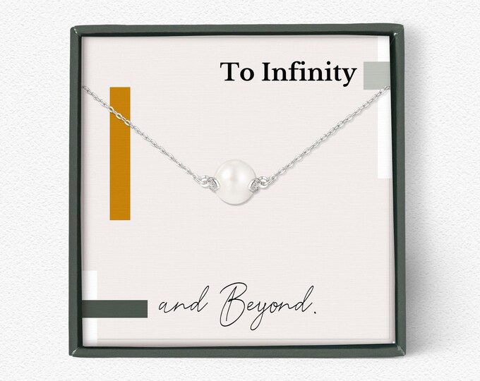 Gift for Bride on Wedding Day, Necklace from the groom, To infinity and Beyond card jewelry gift, Dainty pearl necklace, Sterling silver