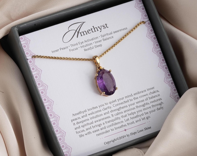 Amethyst Gold Necklace - February Birthstone Jewelry, Gemstone Pendant, 18K Gold-Plated Spiritual Gift for Her, Calming Purple Quartz