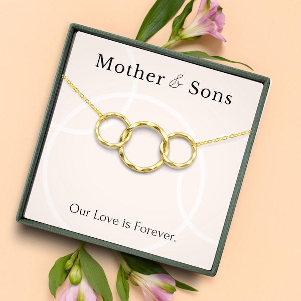 Moeder met 2 zonen ketting cadeau • Moederdagcadeau van zonen • 3 cirkels geschakelde ketting Moederdagsieraden cadeau van 2 zonen