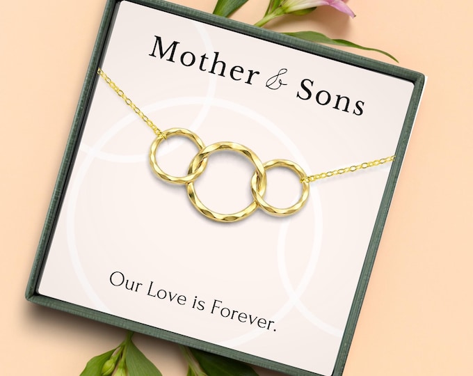 Mother with 2 sons necklace gift • Mother's day gift from sons •  3 circles linked necklace Mother's day jewelry gift from 2 sons