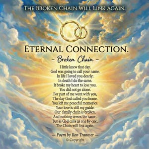 Może przedstawiać: Obraz z tekstem "THE BROKEN CHAIN WILL LINK AGAIN." i "ETERNAL CONNECTION." Wiersz zatytułowany "Broken Chain" jest wyświetlany ze złotym łańcuchem z dwoma zazębiającymi się okręgami. Tło to zachmurzone niebo.