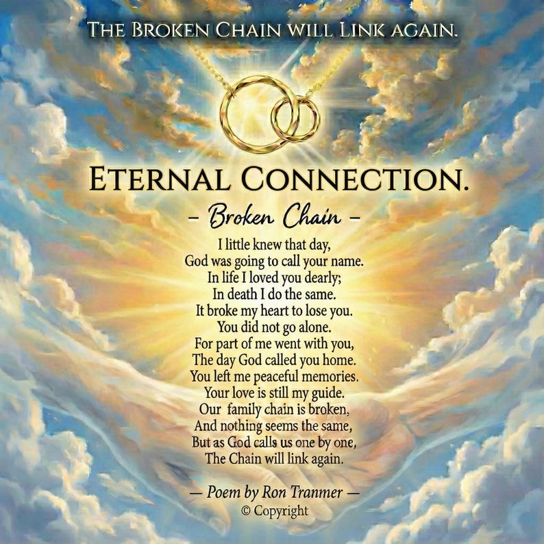 Może przedstawiać: Obraz z tekstem "THE BROKEN CHAIN WILL LINK AGAIN." i "ETERNAL CONNECTION." Wiersz zatytułowany "Broken Chain" jest wyświetlany ze złotym łańcuchem z dwoma zazębiającymi się okręgami. Tło to zachmurzone niebo.