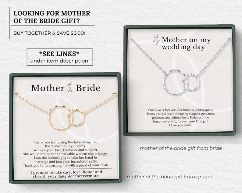 Celebrate the beginning of forever with this exquisite 18 inches long 14k gold and sterling silver necklace, a perfect mother of the bride or groom gift. It has Two interlocking circles that symbolizes the unbreakable bond between mother and child.