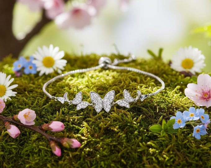 Butterfly Bracelet Stainless Steel • Cubic Zirconia Adjustable Slider • Non-Tarnish Dainty Jewelry