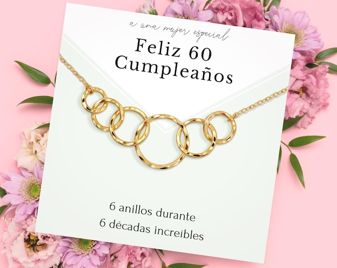 60th Birthday Necklace for Mom | Six Ring Decades, Spanish Card