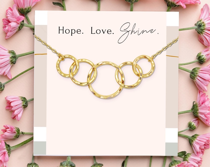 Handmade 5 Ring Necklace • Hammered Five Circle Pendant • Sterling Silver or Gold • 50th Birthday Gift • Interlocking Eternity Rings, 18"