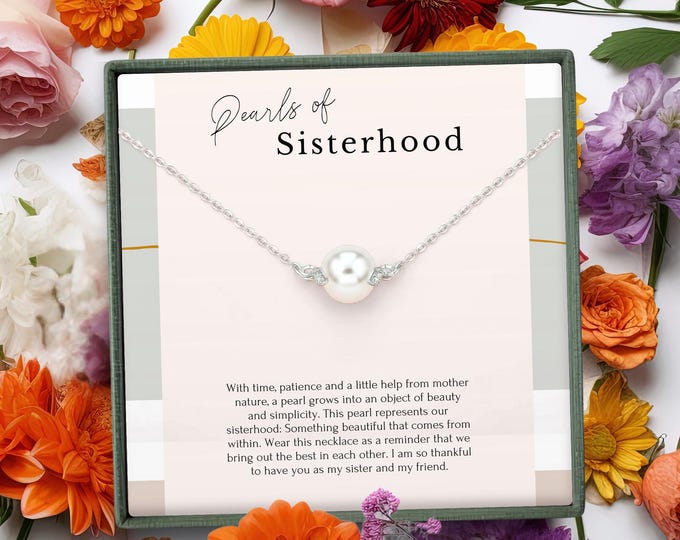 Dainty Pearl Sisterhood necklace gift, Bridesmaid necklace gift, Sisterhood Sorority necklace in Sterling Silver