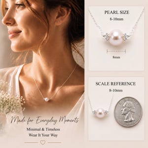 May include: A delicate necklace featuring a single, light pink pearl, approximately 8-10mm in size, suspended on a fine silver chain. The necklace is shown with a quarter for scale reference. The text reads "Made for Everyday Moments, Minimal & Timeless, Wear It Your Way."