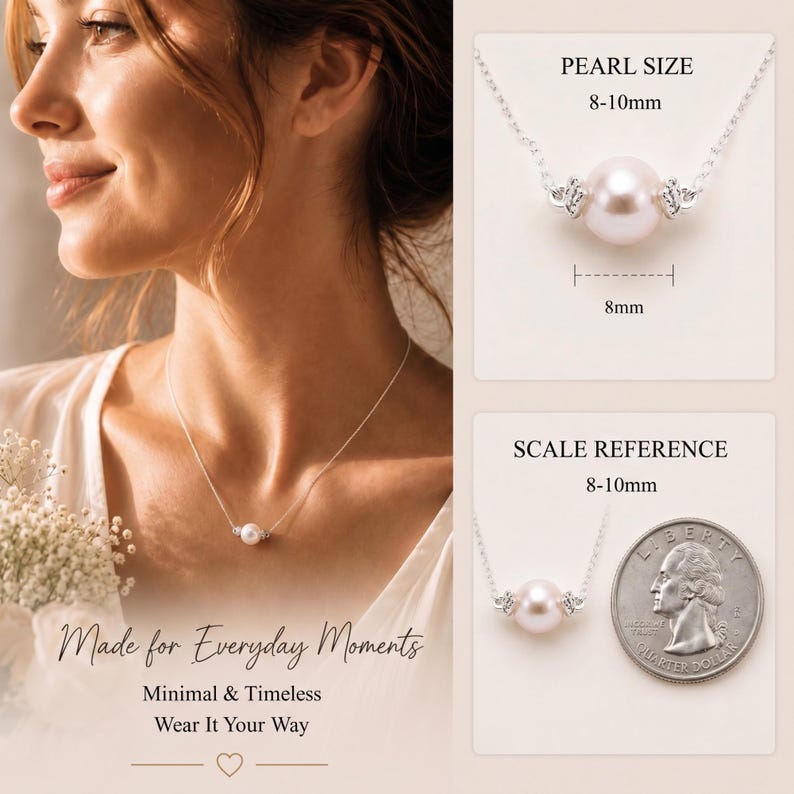 May include: A delicate necklace featuring a single, light pink pearl, approximately 8-10mm in size, suspended on a fine silver chain. The necklace is shown with a quarter for scale reference. The text reads "Made for Everyday Moments, Minimal & Timeless, Wear It Your Way."