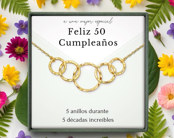 Regalo de 50 cumpleaños para mujer • 50th birthday spanish card • 5 ring necklace 5 decades • Joyas de 50 cumpleaños