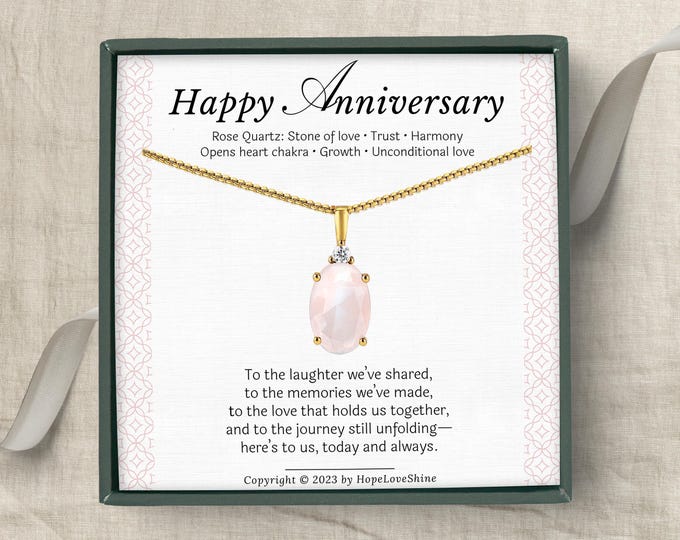 Rose Quartz Anniversary Necklace Gold Crystal Jewelry Gemstone Gift for Wife 1st-30th Anniversary Present