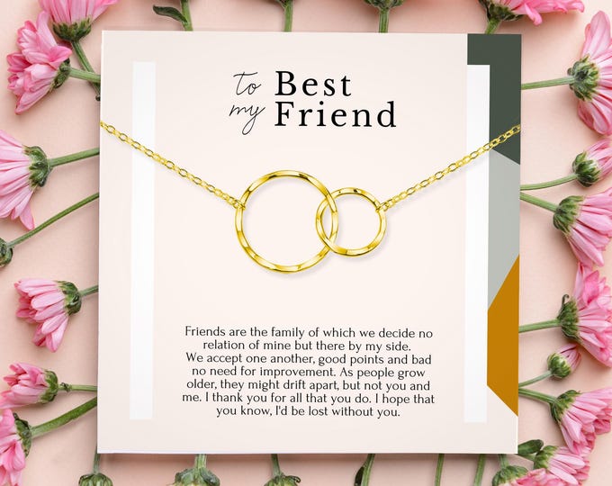 Best Friend necklace gift message, long distance Best Friend Gift Jewelry, Quotes, Friendship, interlocking circle necklace