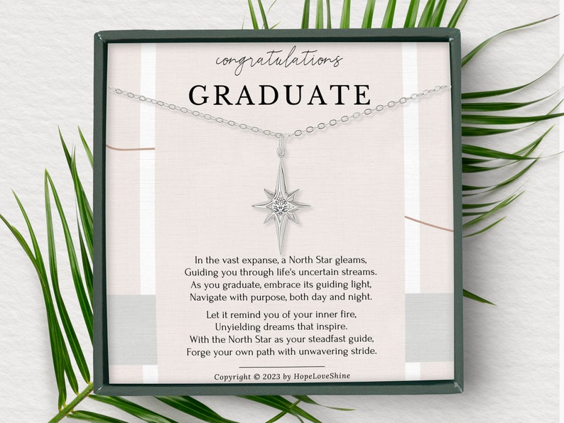 College Graduation Gift for Her, Graduate Class of 2023, Congrats Grad Box and Gift Card, Dainty North Star Pendant Necklace Gift for Women Silver