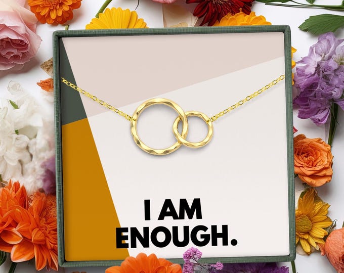 Positive Affirmation Jewelry Gift for Her, I Am Enough Necklace Sterling Silver, Daily Reminder Interlocking Circles Necklace