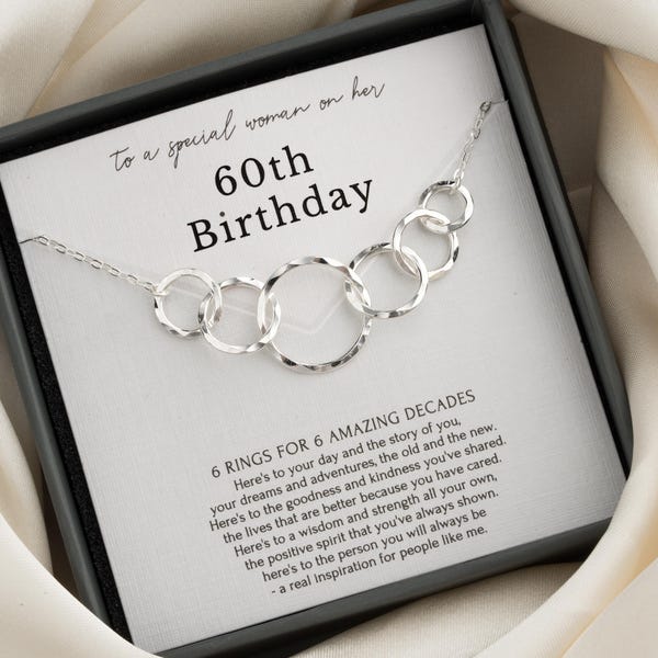 60e verjaardagscadeau voor vrouwen | minimalistische sterlingzilveren ketting met 6 ringen | 14K goudvermeil | verjaardagsmijlpaal in cadeauverpakking
