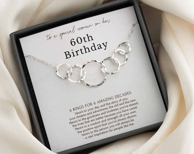 60th birthday gift for women | minimalist 6 ring Sterling Silver necklace | 14K gold vermeil | gift wrapped birthday milestone