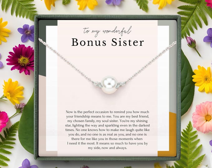 Bonus Sister Gift | Sister in Law, Stepsister, Unbiological Sister or Sister of the Groom Pearl Necklace with Card Birthday or Wedding Gift
