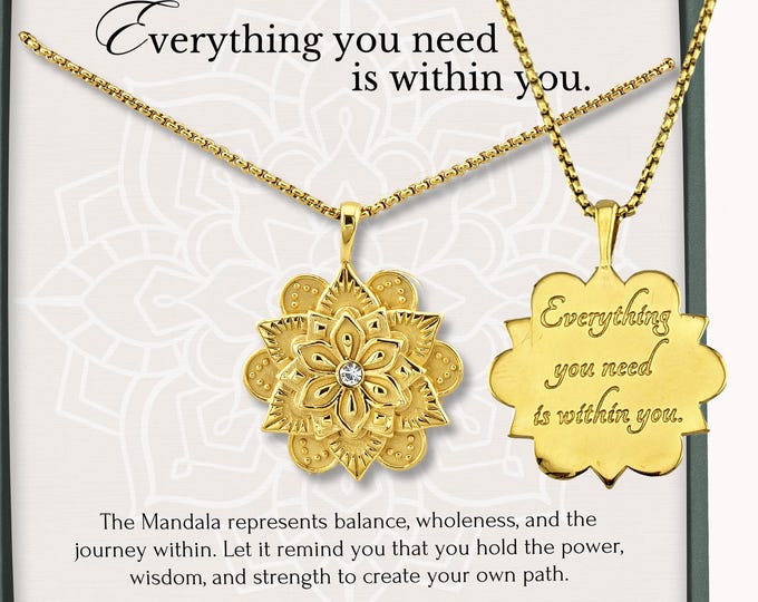 Mandala Gold Necklace - Inspirational Birthday gift for Women - Spiritual Meaningful Gift for Her on - 18K Gold Steel - Engraved Jewelry