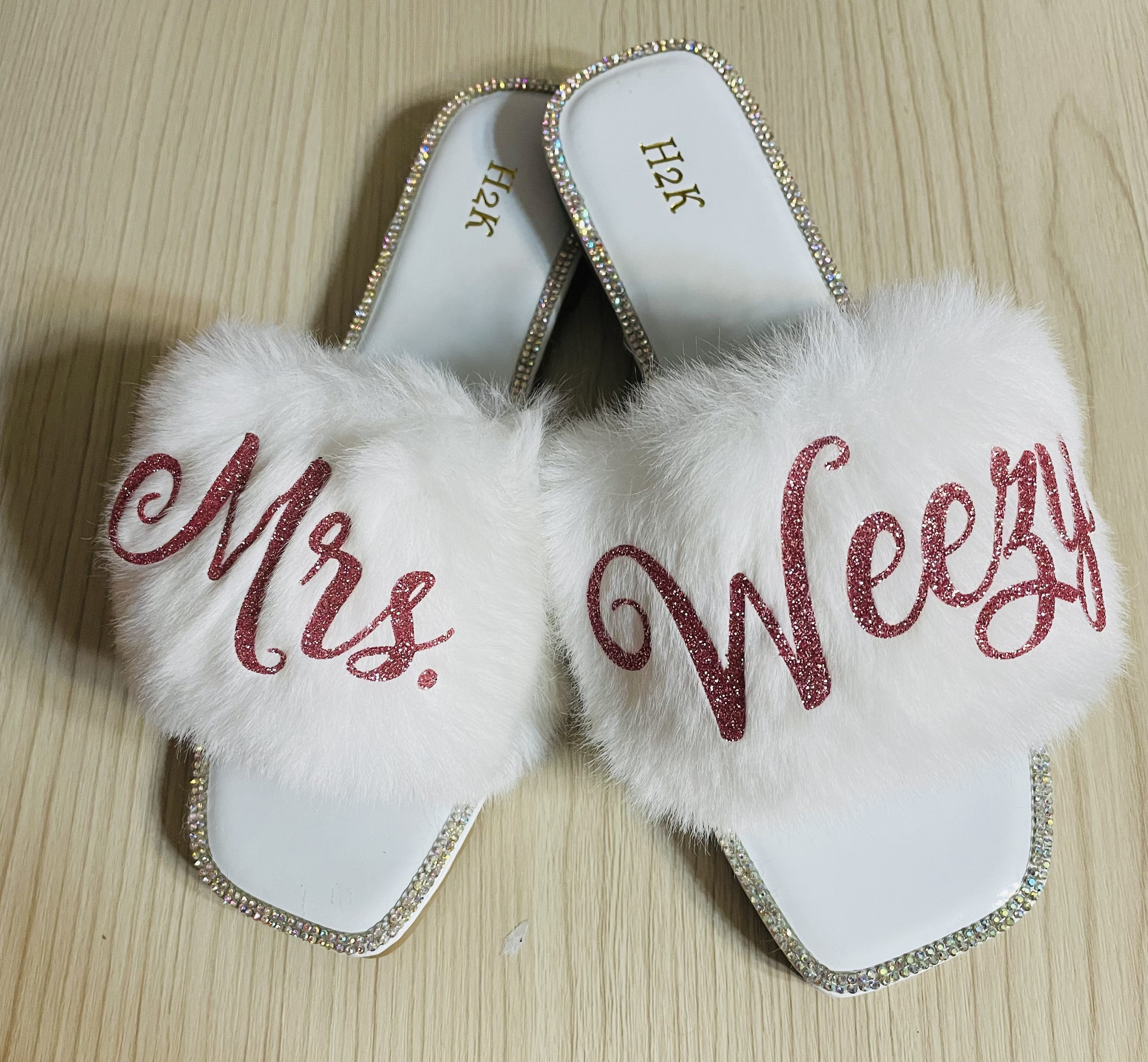 Bride Personalized White Fur Slides with Rhinestones |Bride Custom Slippers great gift for Bride to Be to get ready on Wedding day!