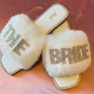 The Bride Bling White Fur personalized Faux Fur  Bride Slippers, Bride Slides,  Bride to be slippers for Wedding day ready