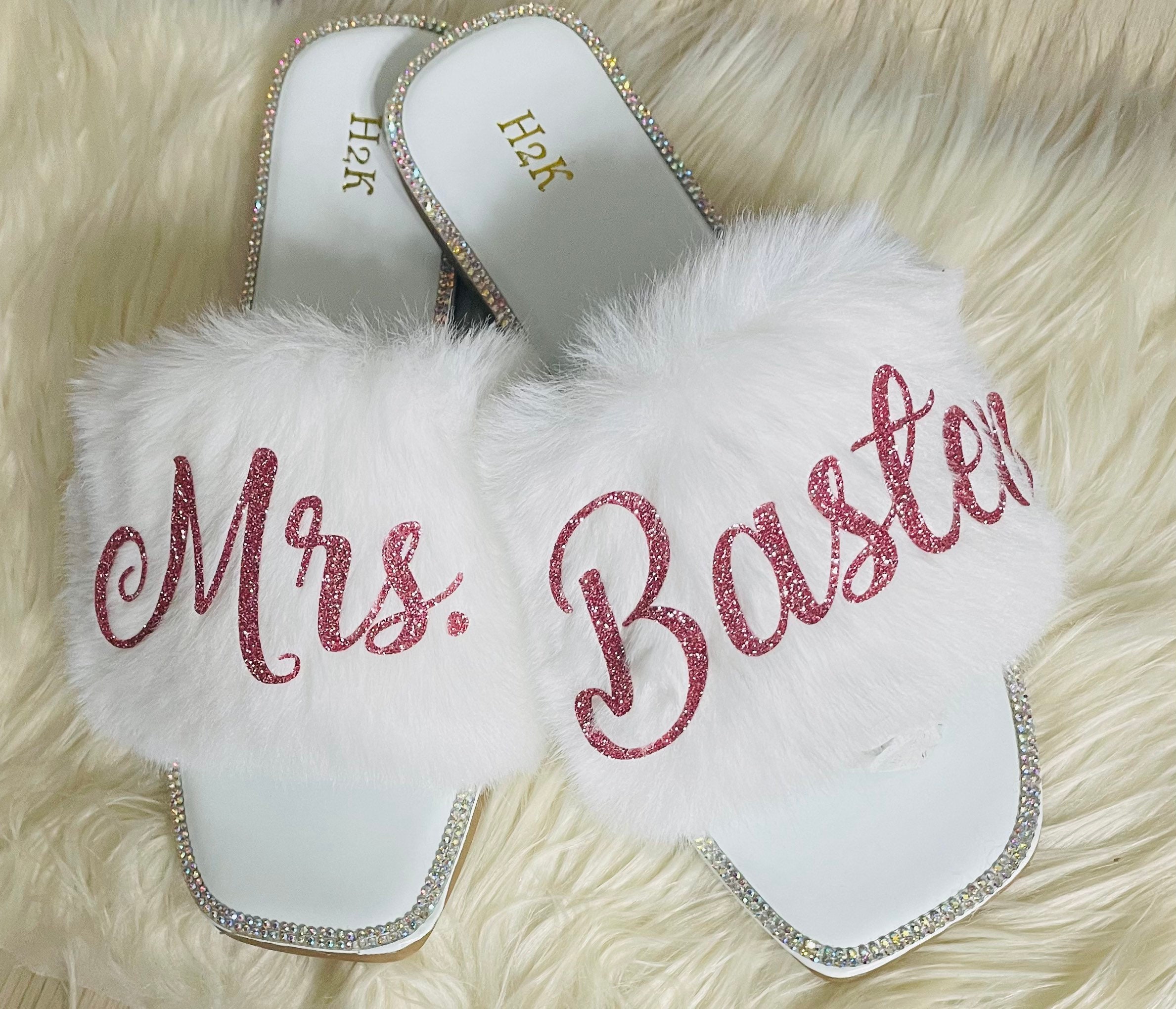 Bride Personalized White Fur Slides with Rhinestones |Bride Custom Slippers great gift for Bride to Be to get ready on Wedding day!