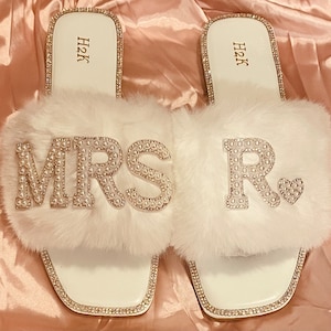 Bride personalized Faux White Fur I Do, Bride Slippers, Wifey Slides, Or Custom Mrs slides for Bride to be and Tribe.
