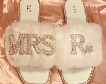 Bride personalized Faux White Fur I Do, Bride Slippers, Wifey Slides, Or Custom Mrs slides for Bride to be and Tribe.