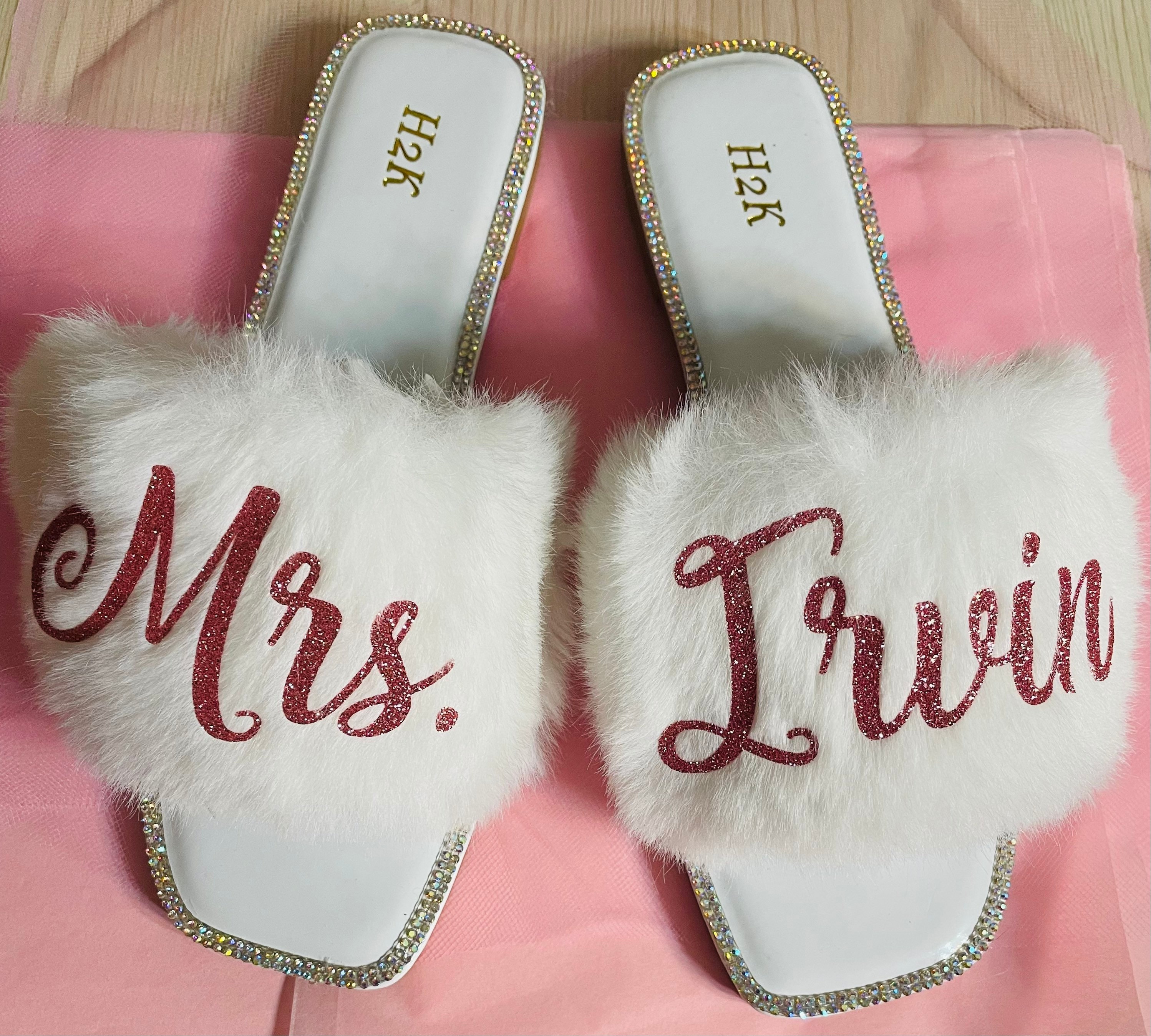 Bride Personalized White Fur Slides with Rhinestones |Bride Custom Slippers great gift for Bride to Be to get ready on Wedding day!