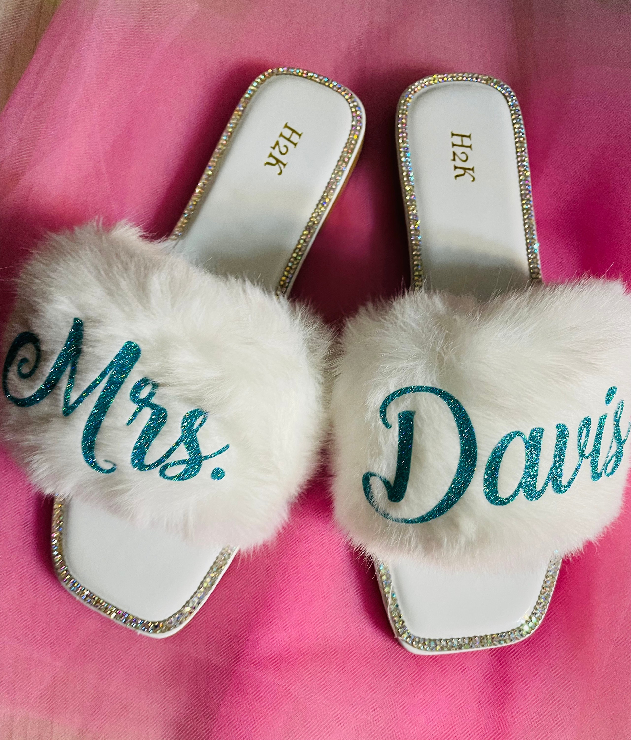 Bride Personalized White Fur Slides with Rhinestones |Bride Custom Slippers great gift for Bride to Be to get ready on Wedding day!