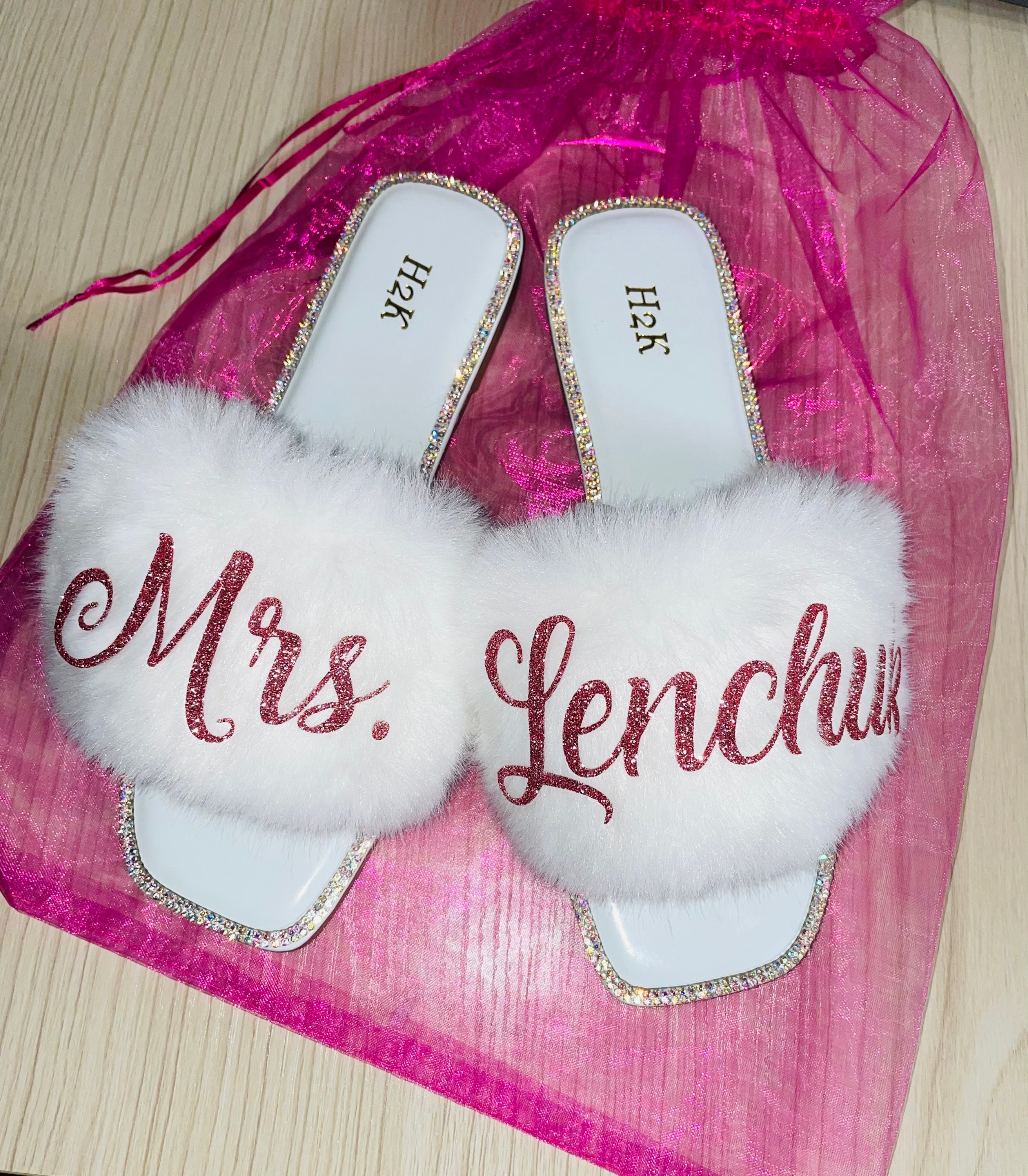 Bride Personalized White Fur Slides with Rhinestones |Bride Custom Slippers great gift for Bride to Be to get ready on Wedding day!