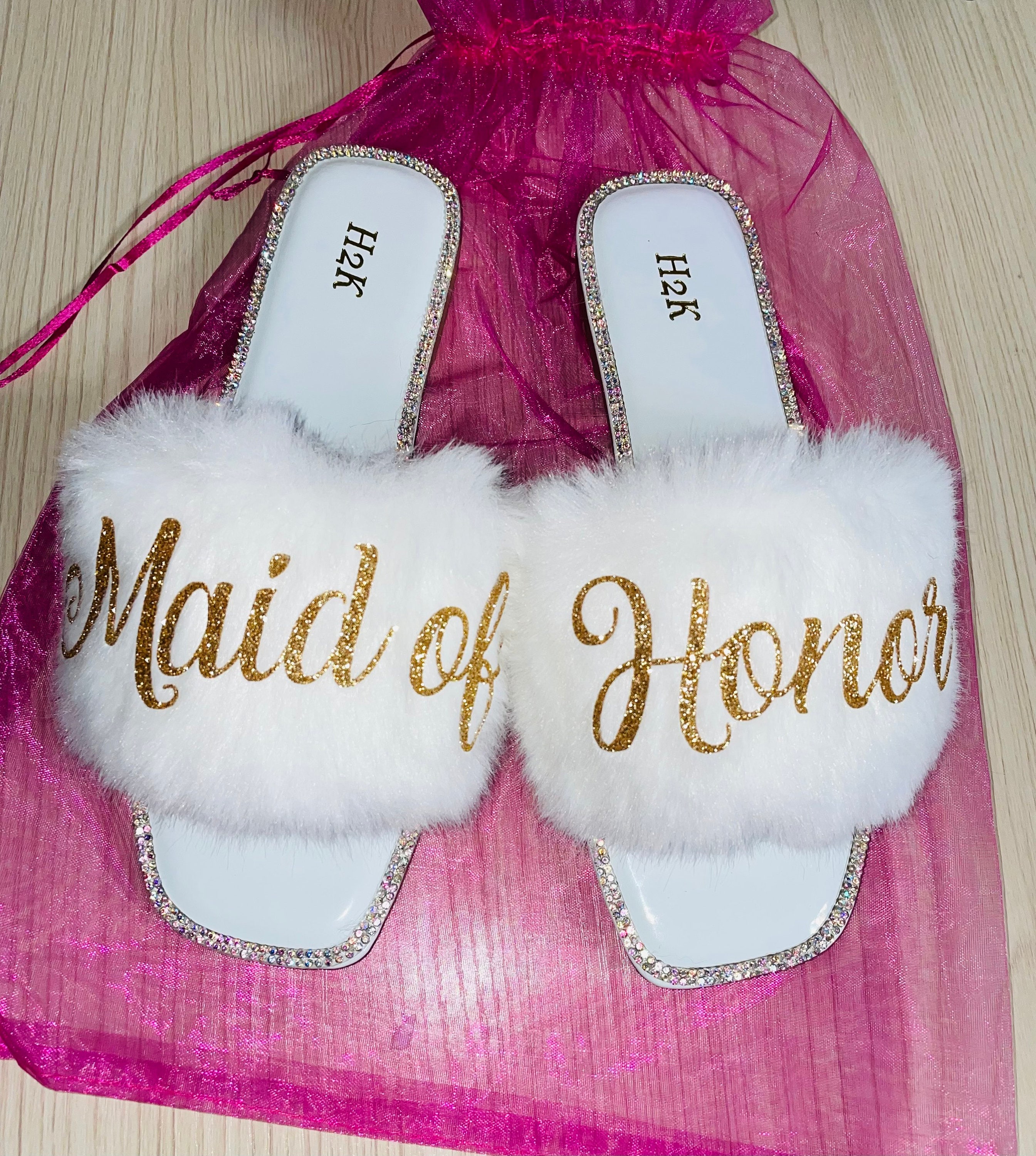Bride Personalized White Fur Slides with Rhinestones |Bride Custom Slippers great gift for Bride to Be to get ready on Wedding day!
