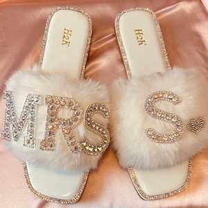 Bride White Fur Bling personalized Faux Fur I Do, Bride Slippers, Wifey Slides, Or Custom Mrs slides for Bride to be and Tribe