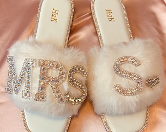 Bride White Fur Bling personalized Faux Fur I Do, Bride Slippers, Wifey Slides, Or Custom Mrs slides for Bride to be and Tribe