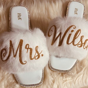 Bride Personalized White Fur Slides with Rhinestones |Bride Custom Slippers great gift for Bride to Be to get ready on Wedding day!
