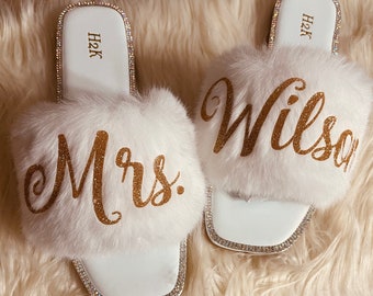 Bride Personalized White Fur Slides with Rhinestones |Bride Custom Slippers great gift for Bride to Be to get ready on Wedding day!