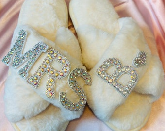 Bride Rhinestone Bling Slippers, I Do Slippers, Personalized MRS Fur slippers and For Bride Tribe Slippers