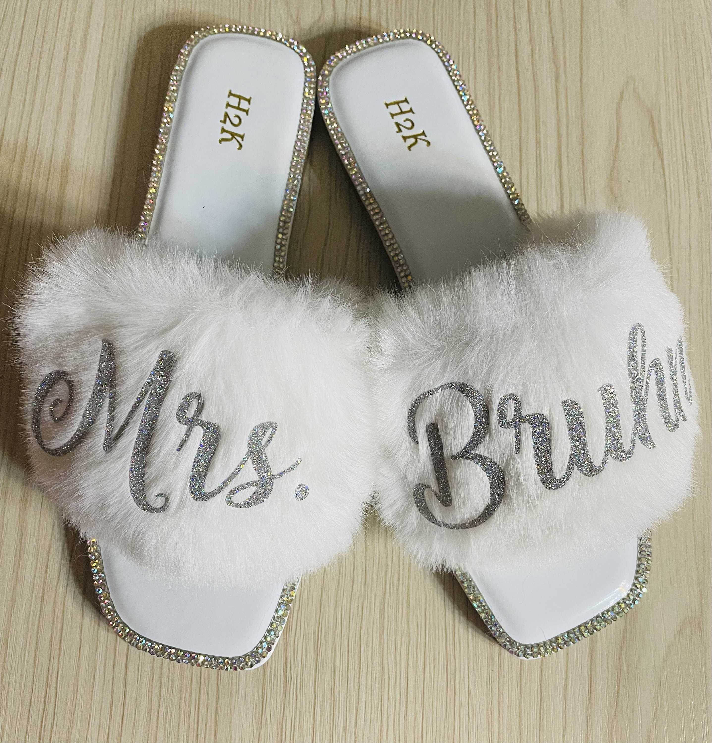Bride Personalized White Fur Slides with Rhinestones |Bride Custom Slippers great gift for Bride to Be to get ready on Wedding day!