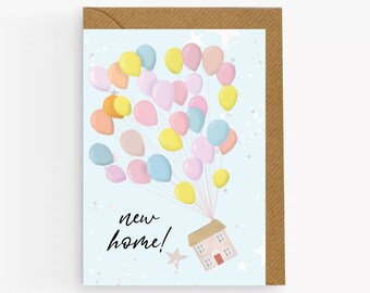 New Home Card: Balloons & House Illustration, UK Design