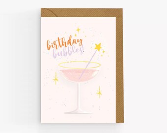 Birthday Cocktail Card: Sparkling Bubbles, Cocktail Queen, Illustrated Design