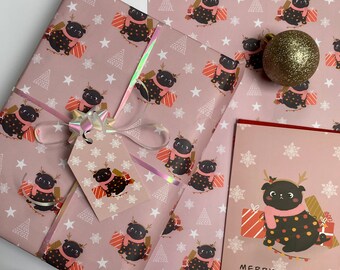 Christmas Pug Wrapping Paper. Christmas Gift Wrap. Xmas Pink Wrapping Paper. Gift Wrap for Dog Lovers. Dog Wrapping Paper UK.