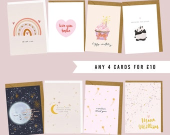 Hand-Drawn Greeting Card Set: Mix & Match Any 4 Cards (A6)