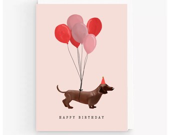 Dachshund Birthday Card: Sausage Dog with Balloons