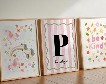 Girls Bedroom Prints: Unicorn, Be Kind, Personalised Name Art, Playroom Decor